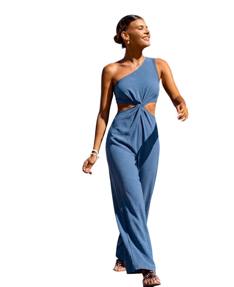 Women's One-Shoulder Twist-Front Wide-Leg Jumpsuit