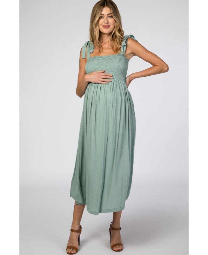 Women's Navy Blue Smocked Tie Strap Midi Dress