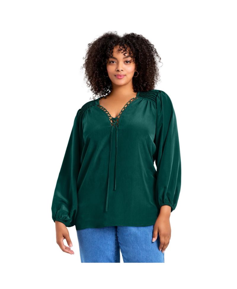 Women's Plus Size Scallop Trim Peasant Blouse
