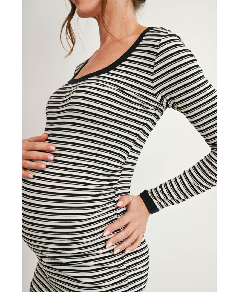 Maternity Long-Sleeve Ribbed Striped Midi Dress