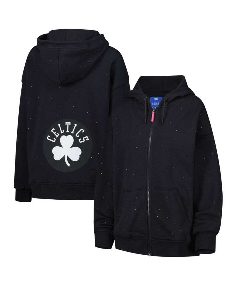 Women's Black Boston Celtics Oversized Allover Gemstone Full-Zip Hoodie