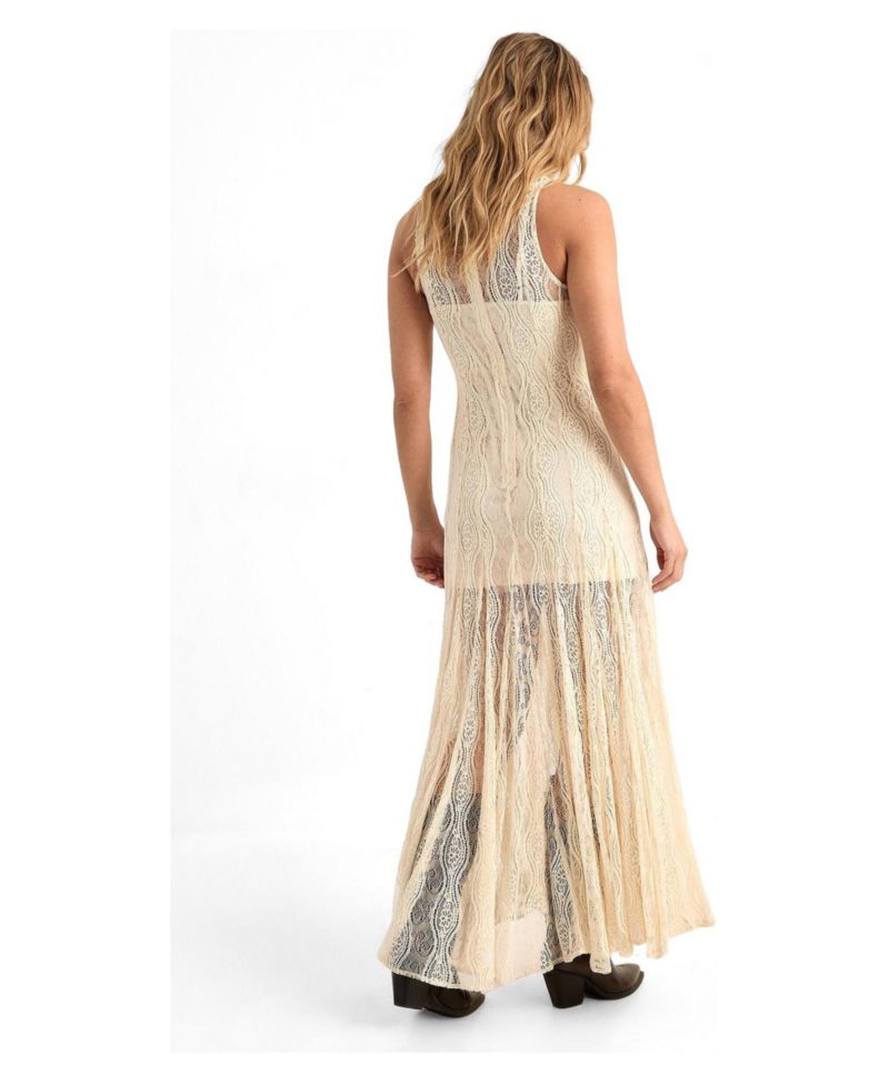 Women's High Neck Lace Godet Hem Maxi Dress