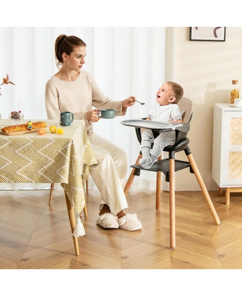Baby 6-in-1 Beech Wood Convertible High Chair with Adjustable Footrest and Double Tray