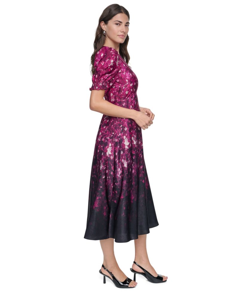 Women's Puff-Sleeve Printed Midi Dress