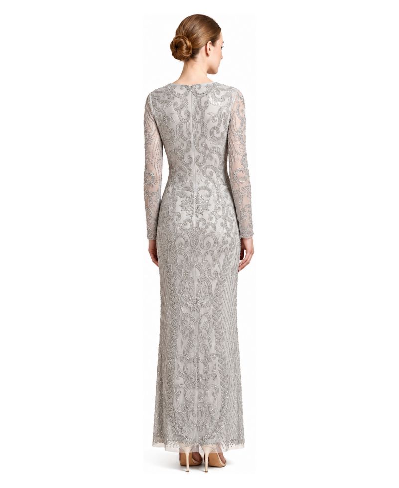 Women's Beaded Long-Sleeve V-Neck Gown