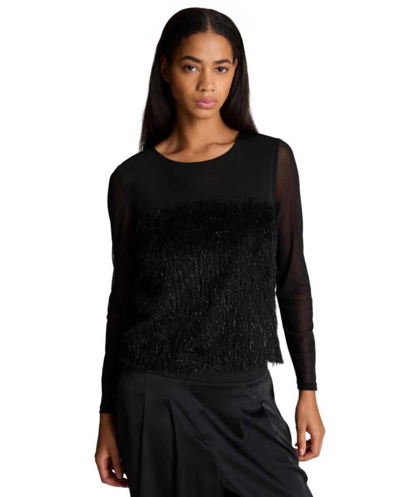 Women's Mesh and Lurex Fringe Long-Sleeve Pullover
