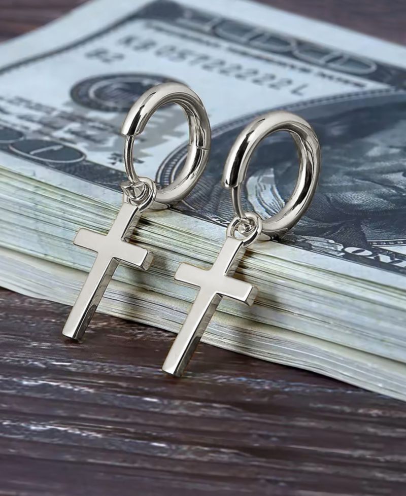 Men's Classic Cross Hoop Earrings in Sterling Silver
