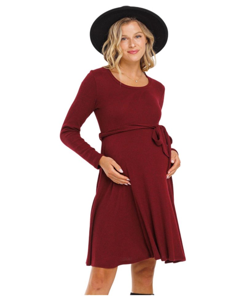 Women's Rib Knit Empire Waist Long Sleeve Knee-Length Dress