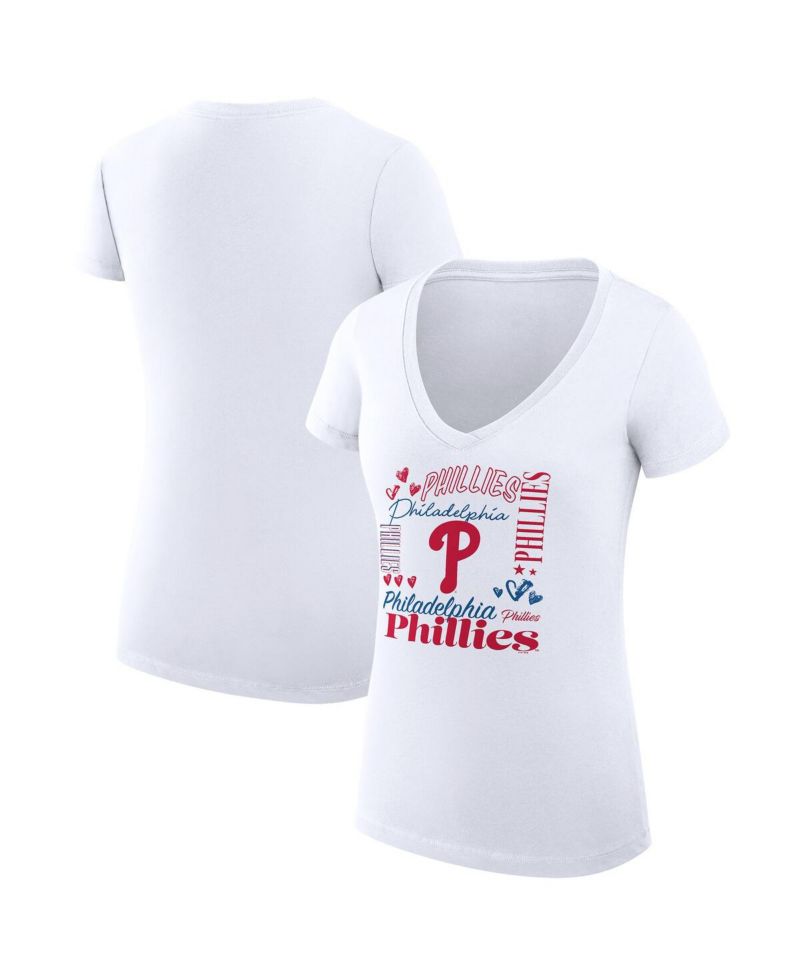 Women's White Philadelphia Phillies Super-Slim Fit Lightweight Collage Team Graphic V-Neck T-Shirt