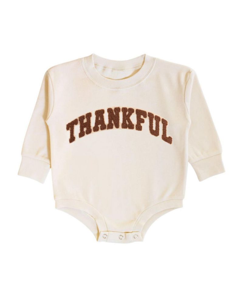 Baby Boy Thankful Patch Varsity Thanksgiving Long Sleeve Romper