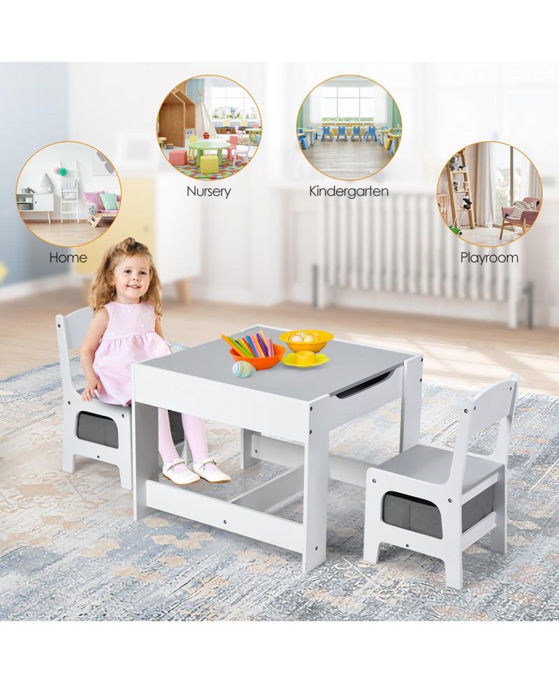 Kids Table Chairs Set with Storage Boxes Blackboard Whiteboard Drawing