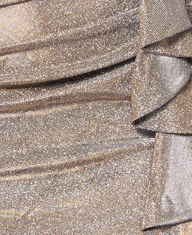 Petite Off-The-Shoulder Ruffled Glitter Gown