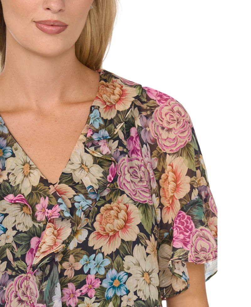 Women's Short-Flutter-Sleeve Floral Ruffle Blouse