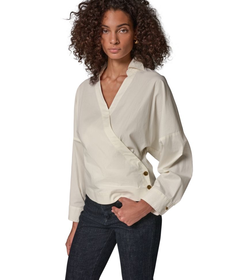 Women's Pinstripe Long-Sleeve Collared V-Neck Blouse