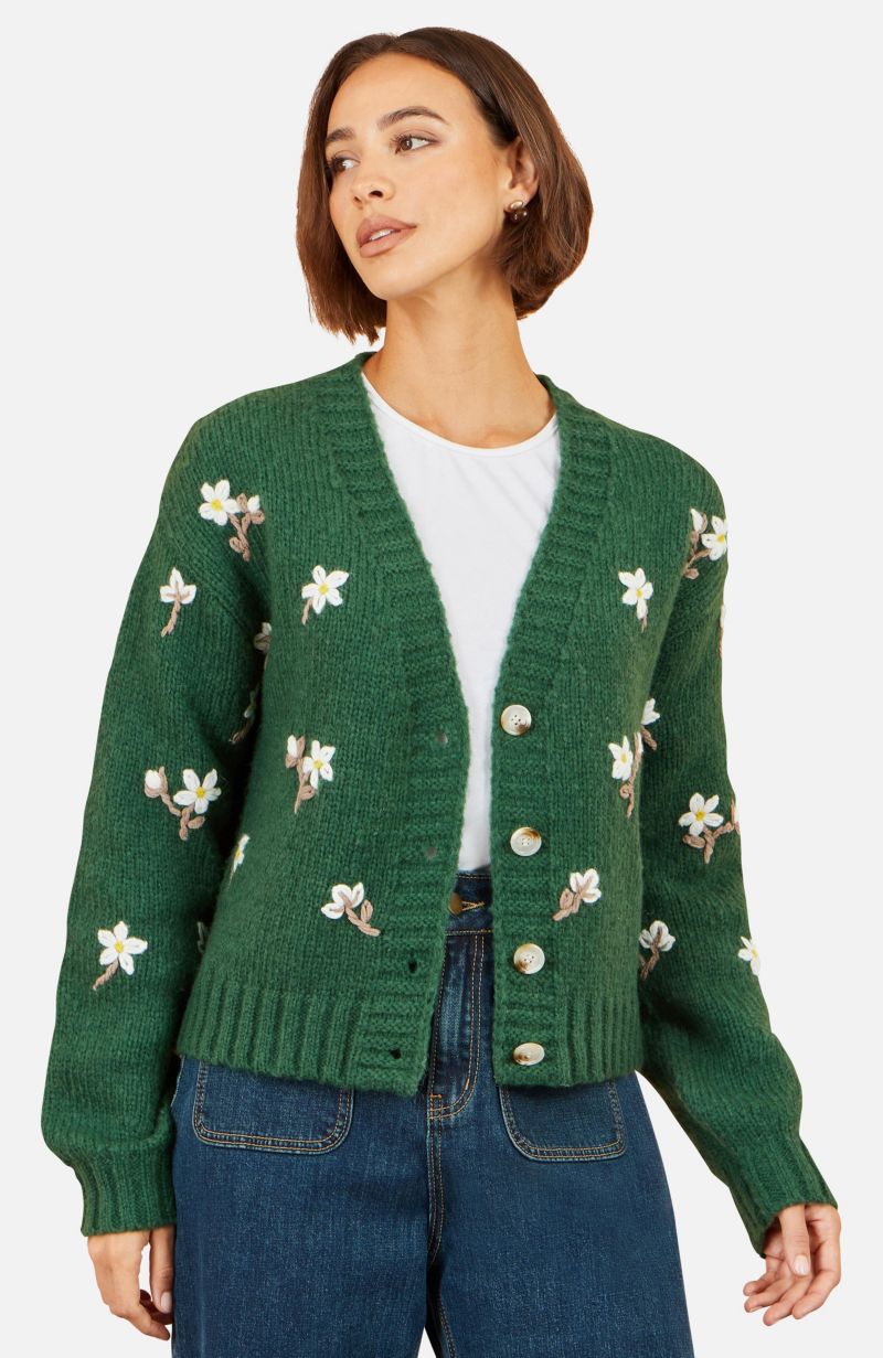 Women's Hand-Embroidered Chunky Knit Floral Cardigan