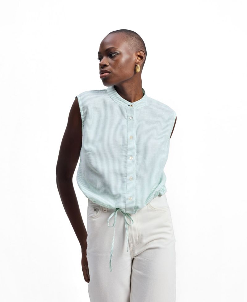 Women's Button-down Shirt with Waist Drawstring in Stripes