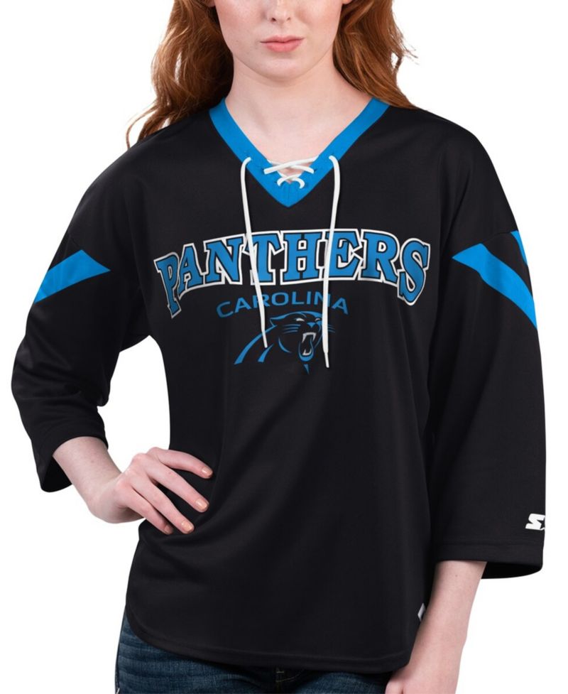 Women's Black Carolina Panthers Rally Lace-Up 3/4 Sleeve T-Shirt