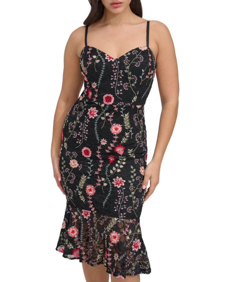 Women's Floral-Print Embroidered Lace Midi Dress