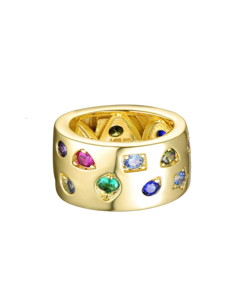 14K Gold Plated Vibrant Multi Color CZ Wide Band Ring