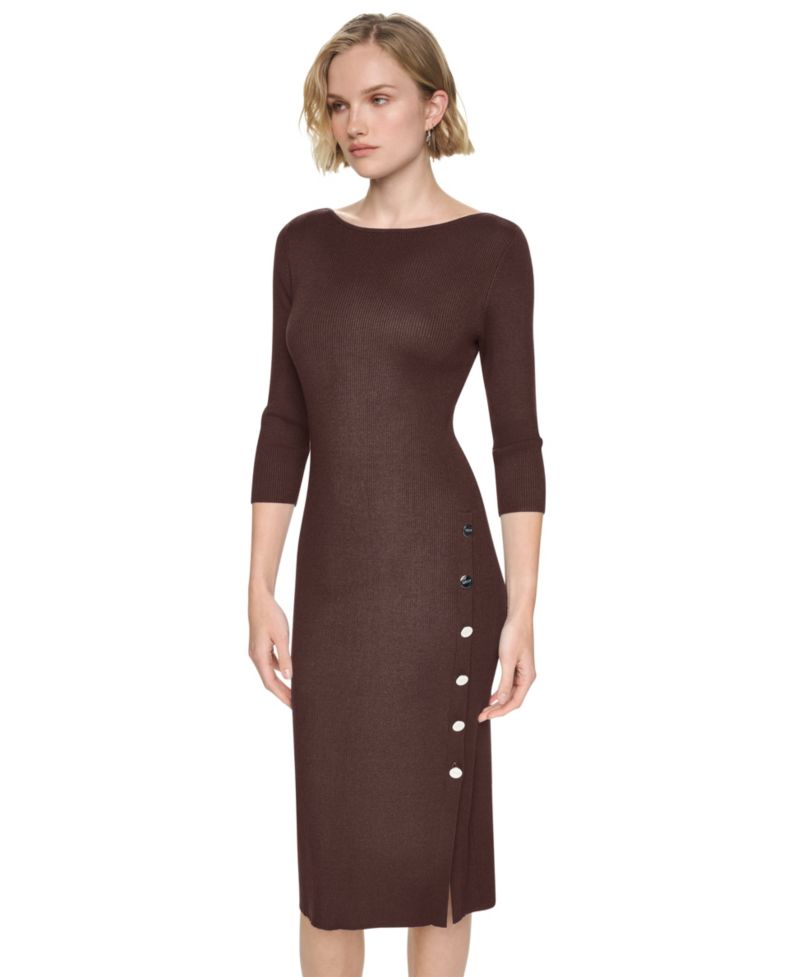 Women's Boat Neck Ribbed-Knit 3/4-Sleeve Dress