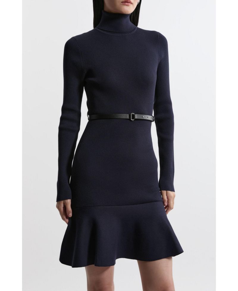 Women's Roll Neck Belted Flippy Hem Mini Dress