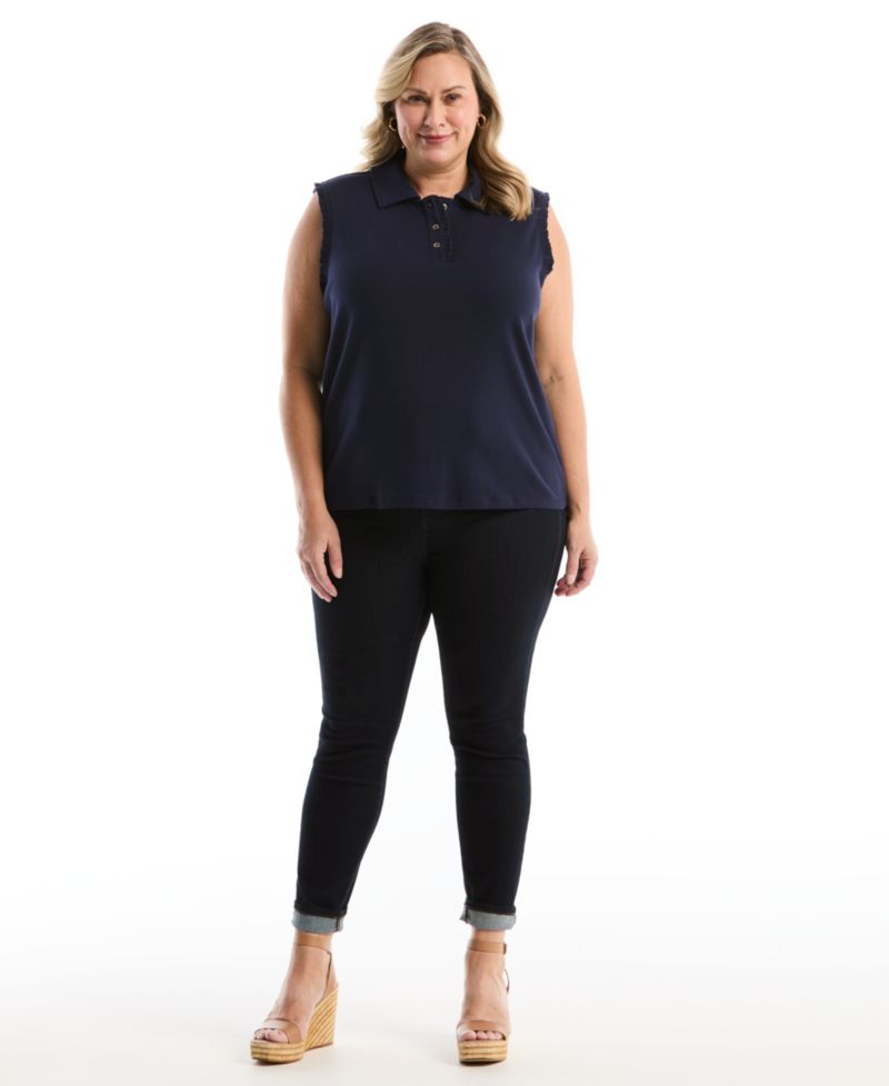 Plus Size Ruffle Trim Sleeveless Polo Shirt