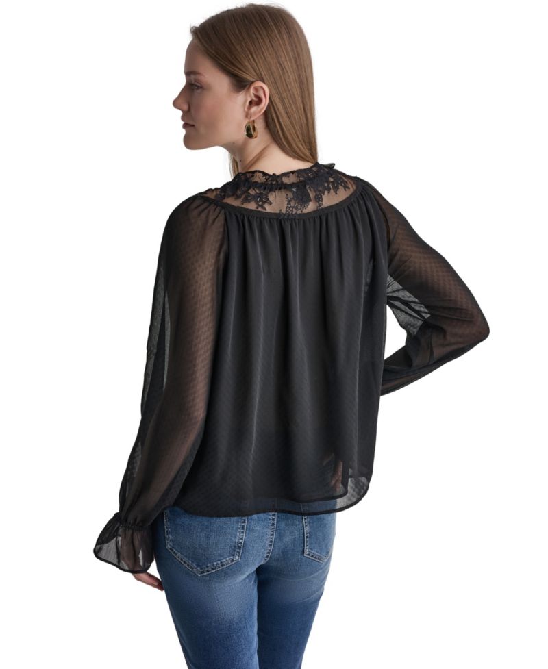 Women's Scoop Neckline Lace-Trim Long-Sleeve Blouse