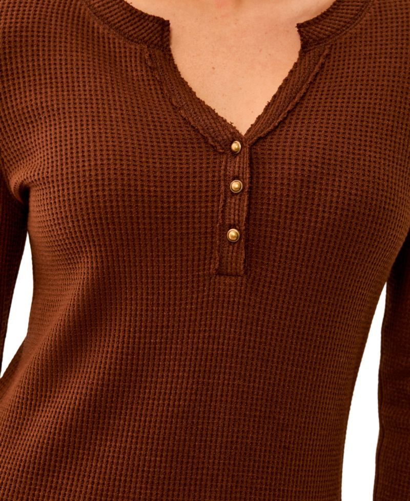 Women's Brushed Waffle Knit Henley Long Sleeve Top
