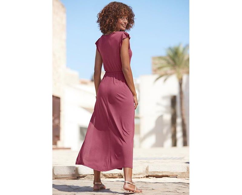Women's Viscose Printed Side Slit A-Line V-Neck Elastic-Waist Maxi Dress