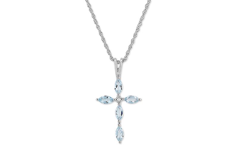 Aquamarine (1/2 ct. t.w.) & Cubic Zirconia 18" Cross Pendant Necklace in Sterling Silver