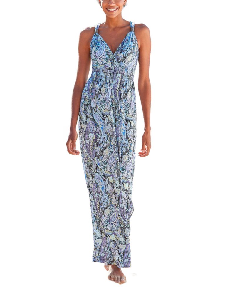 Women's Viscose Paisley Print Smocked V-Neck Smocked-Waist Maxi Dress