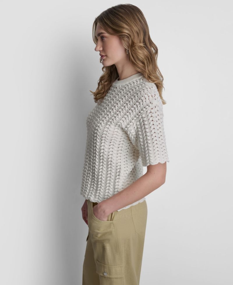 Women's Short-Sleeve Open Lattice Stitch Sweater