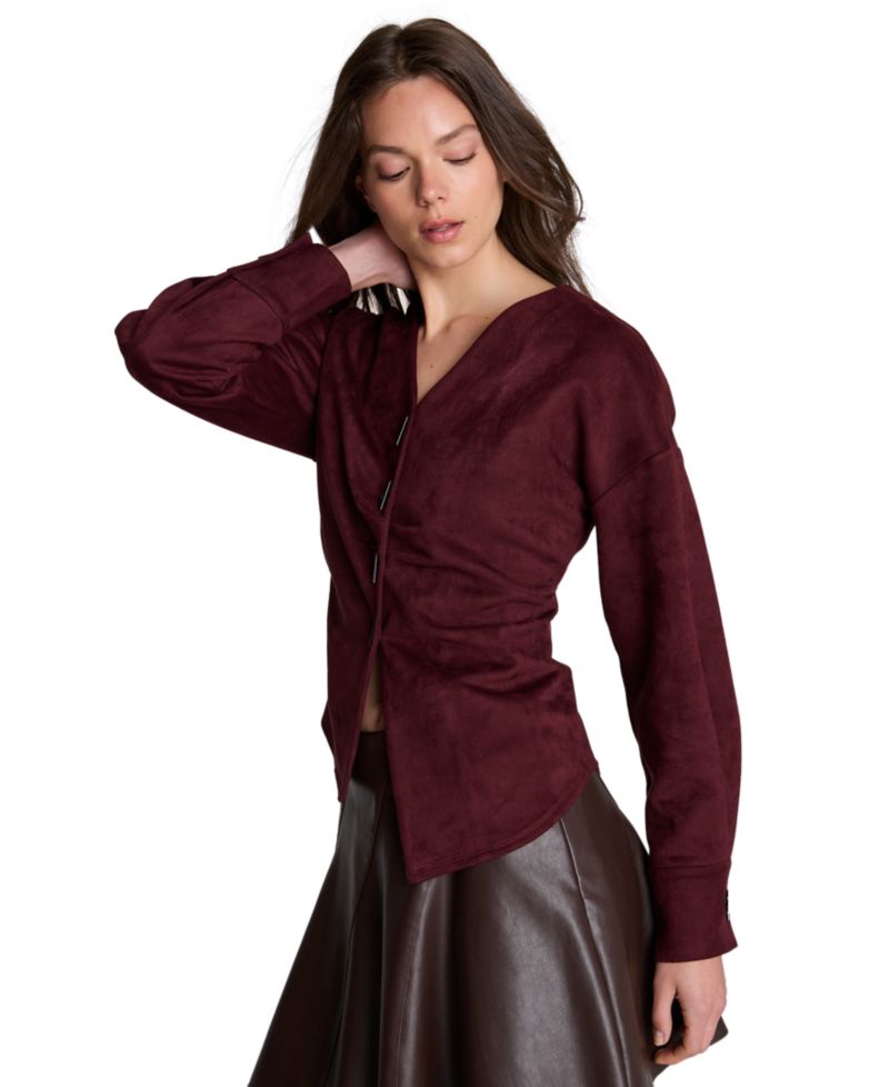 Women's Asymmetric Hem Pleated Faux Suede Shirt