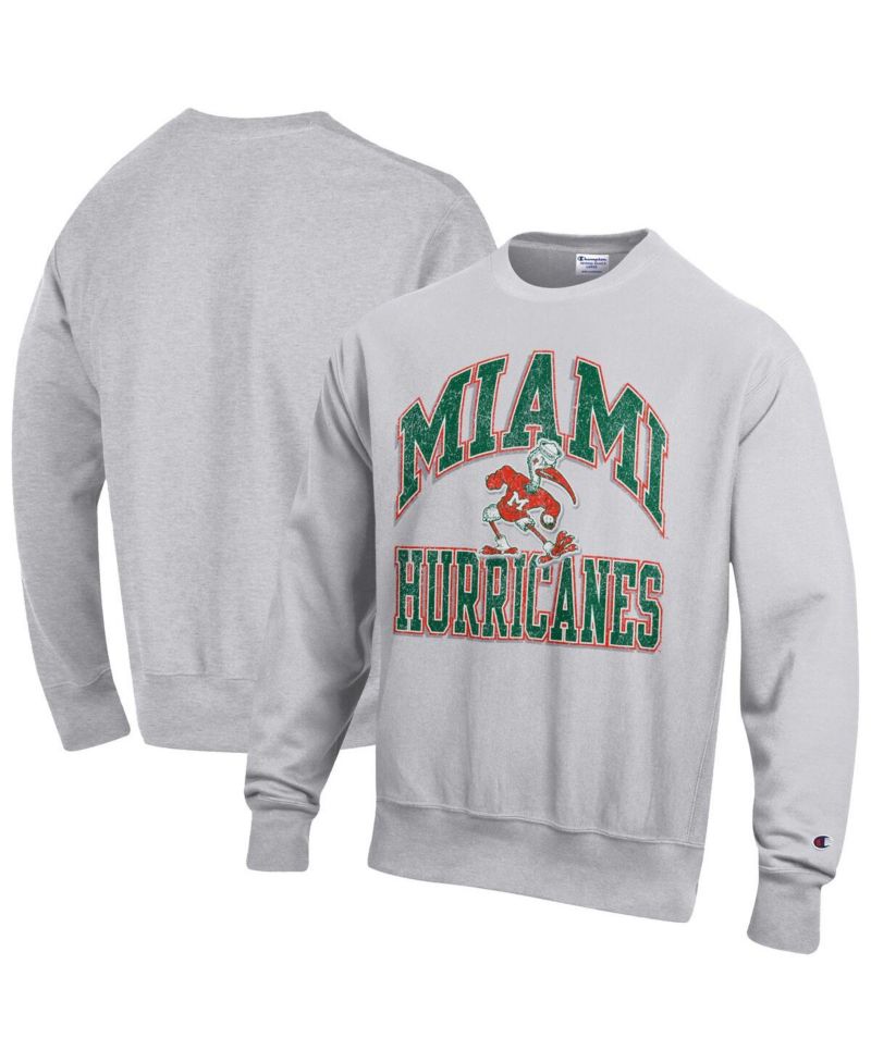 Men's Gray Miami Hurricanes Distressed Arch Over Logo Reverse Weave Crew Neck Sweatshirt