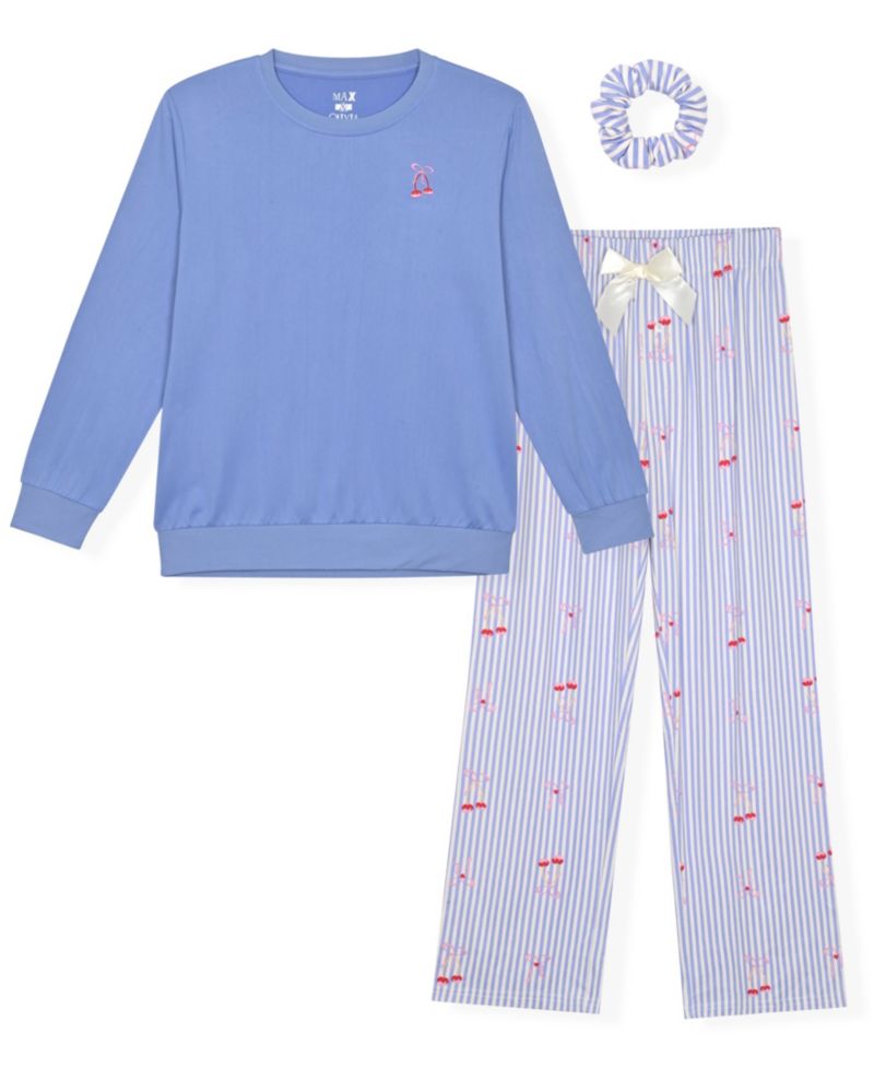 Girls' 5-16 Milky Long-Sleeve Crewneck Pajama with Scrunchie, 3-Piece Set