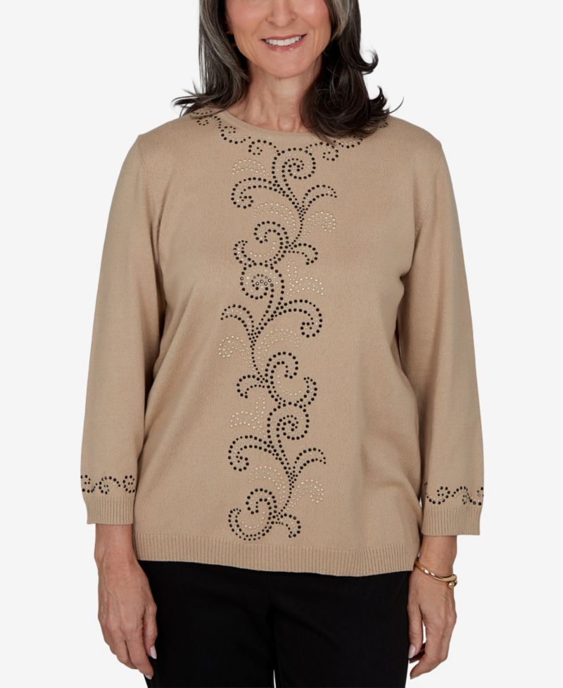 Petite Travel Advisory Beaded Scroll Embellished 3/4-Sleeve Sweater