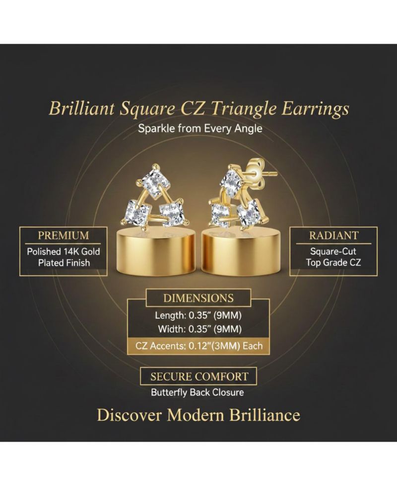 Brilliant Square CZ Triangle Earrings in 14K Gold Plated