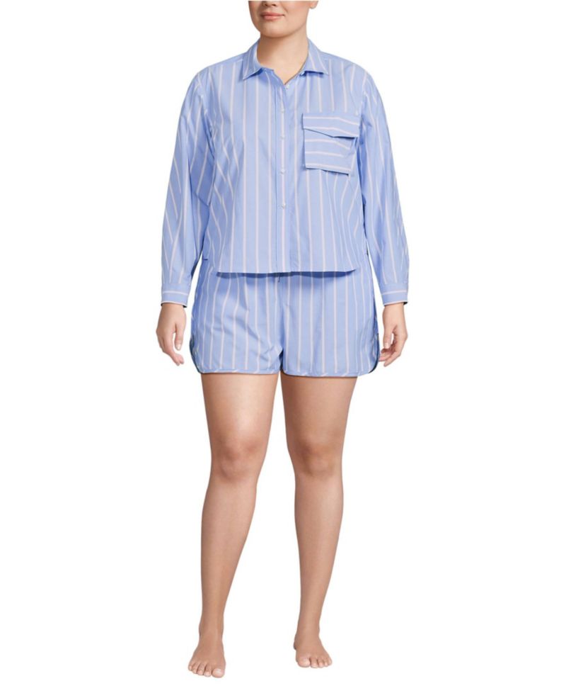 Plus Size Cotton Poplin 2 Piece Pajama Set - Long Sleeve Top and Shorts with Piping