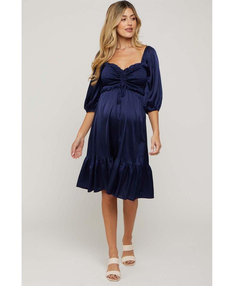 Maternity Navy Satin Smocked Ruffle Hem Dress
