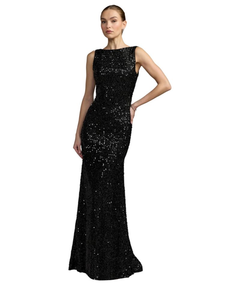 Women's Sleeveless Sequin Cowl Back Evening Gown