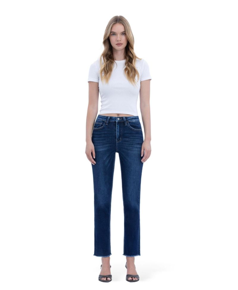 Women's Super High Rise Stretch Raw Hem Slim Straight Jeans