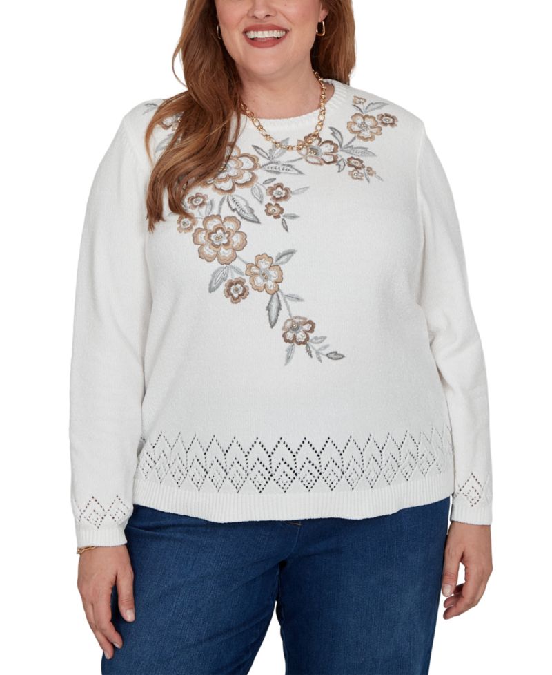 Plus Size Embroidered Floral Textured Chenille Sweater