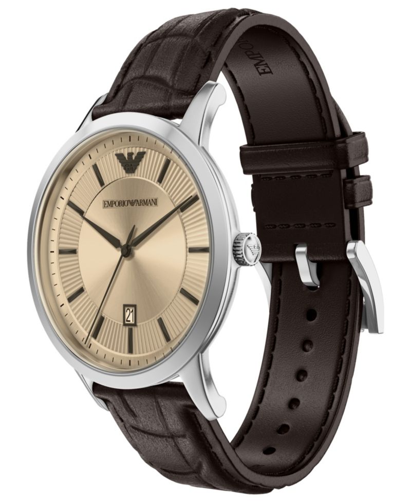 Men's Quartz Three-Hand Brown Leather Watch, 43mm