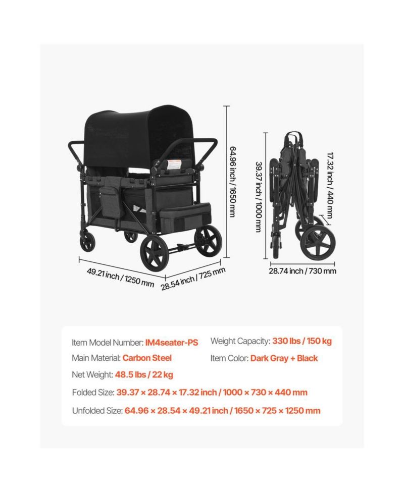 4 Seat Wagon Stroller 330 lb Foldable Push Pull with Canopy