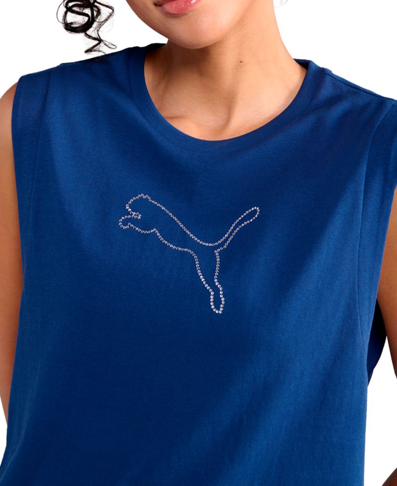 Women's Rhinestone Cat Logo Relaxed Crewneck Tank Top
