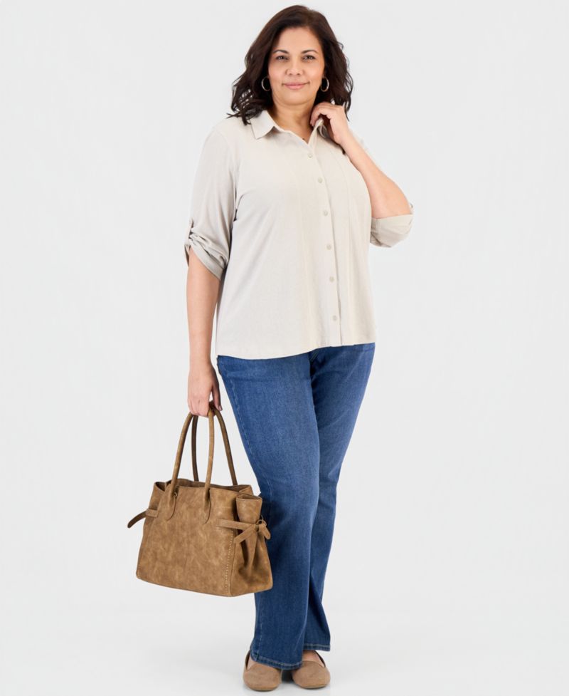 Plus Size Button-Front Collar Roll-Tab Shirt