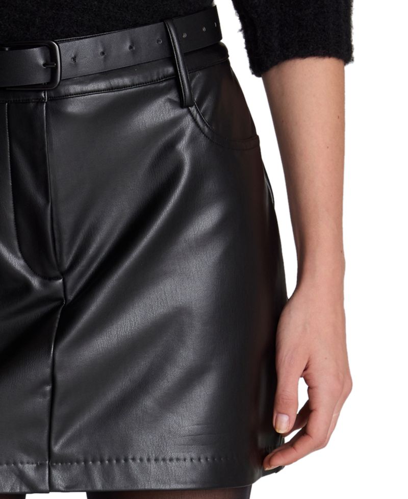 Women's Faux Leather Fly Front Drop Waist Mini Skirt