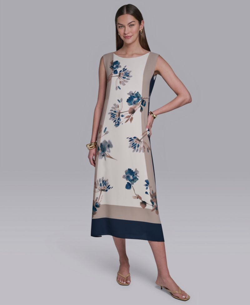 Women's Sleeveless Self-Belt Floral Printed Midi Dress