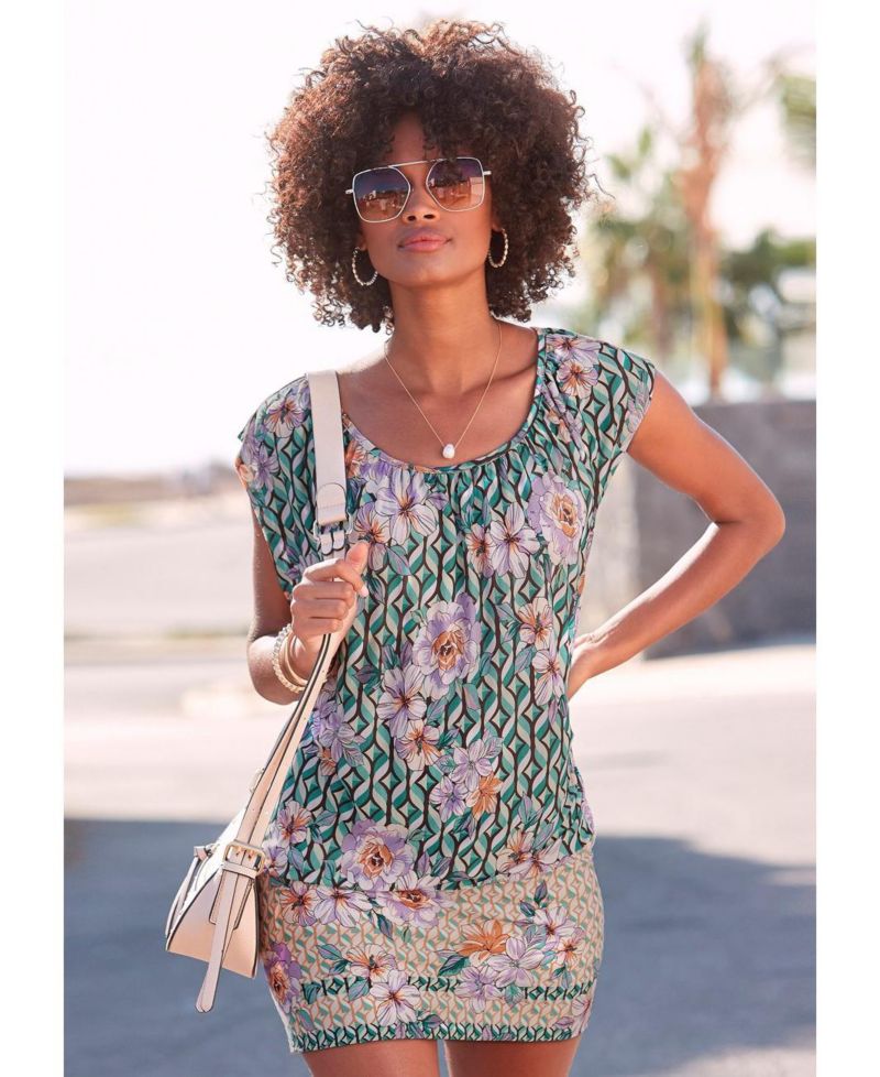 Women's Viscose Printed Round Neckline Scoop-Neck Short Dress