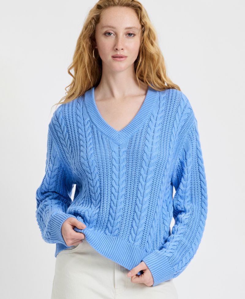 Women's Ryland Blue Cable Knit V-Neck Sweater